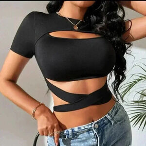 Black Cut Out Front Criss Cross Tie Back Tee